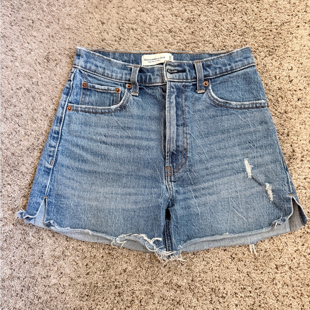 Abercrombie & Fitch Distressed High-Rise Denim Shorts - Blue